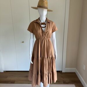 Million Colors Tan Midi Collared Tiered Dress